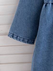 年轻女孩优雅时尚盖袖单排扣长袖连衣裙，适合日常、户外、度假、通勤、春秋季 - 藍色 - 查看 6