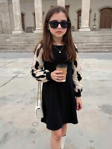Girls' Colorblock Patchwork Dress, Fashionable Luxurious Sleeve Design, Autumn