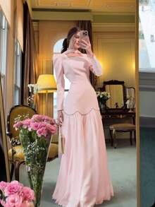 2pcs Set: Elegant Solid Color Square Neck Puff Sleeve Maxi Dress + 1 Scarf, Suitable For Wedding Banquet, All Seasons