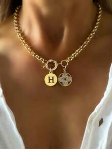 1 Stück Halskette mit goldenem Buchstaben-Rolo, Blumen- und Buchstaben-Anhänger, Federverschluss-Halskette, 26 Buchstaben Edelstahl-Kette, für den täglichen und festlichen Gebrauch