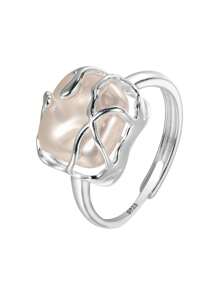 GAGAFEEL 1 件 S925 纯银轻奢个性巴洛克仿珍珠戒指女性方形开口戒指珠宝可调节开口戒指适合日常佩戴女士珠宝配饰送给女孩/女士/女友/母亲的礼物精美珠宝 - 銀色 - 查看 5