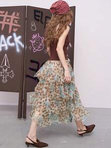 草莓涂鸦印花网眼不对称半身裙 - 彩色 - 查看 4