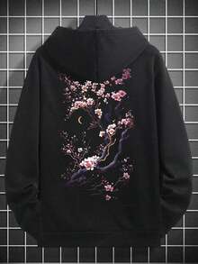 Men's Casual Cherry Blossom Print Loose Hoodie Sweatshirt, Autumn  Loose American Retro Sports Casual Street Hip-Hop Printed Hoodie Drawstring Hoodie Pocket Design Couple Set Unisex - 黑色 - 查看 3
