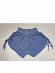 Short Feminino Curto Moda Verão Blogueira Praia Tricot Piscina Trico Cordão - Azul bebê - Visão 1
