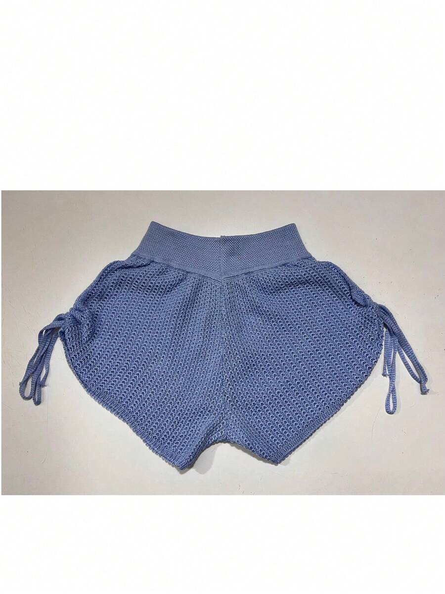 Short Feminino Curto Moda Verão Blogueira Praia Tricot Piscina Trico Cordão - Azul bebê - Visão 1