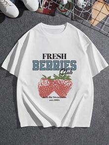 Camiseta gráfica para mujer Fresh Berry Club Estampado de fresas dulces Camiseta informal Cómoda mezcla de algodón perfecta para el verano Estilo retro ¡Únete a la dulzura desde 1984! De gran tamaño - Blanco - Ver 3