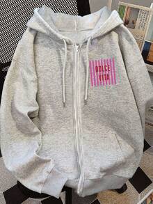 Women's Loose Casual Jacket, Women's Italian Cultural Pink Striped Pattern Zip-Up Jacket | Loose Casual Autumn And Winter Jacket With Patterned Zip-Up Hoodie | Women's Tops, Long-Sleeve Tops, Zip-Up Hoodies, Women's Cardigans, Cardigans, Women's Jackets, Women's Vests, Women's Western-Style Clothing, Women's Autumn Outfits, Valentine's Day Outfits, Back-To-School Season - Light Grey - View 4