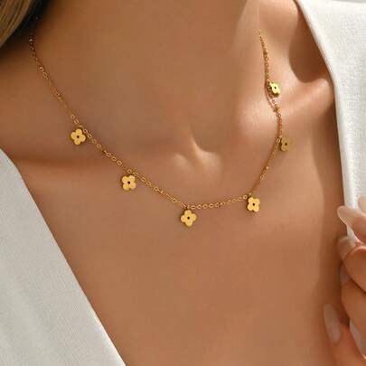 1件不锈钢四叶草吊坠项链，花叶造型项链，适合女性日常佩戴，性感锁骨链饰