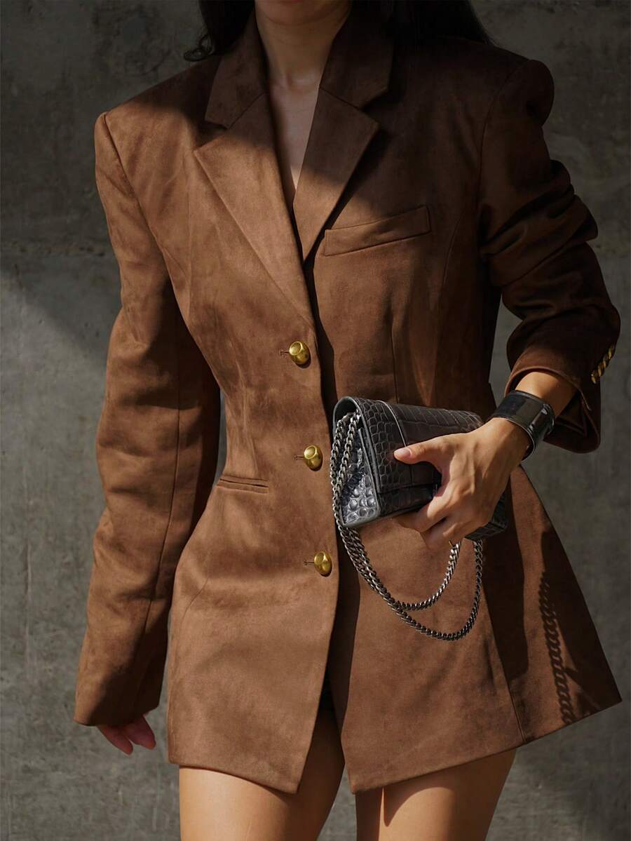 女式仿麂皮腰带西装外套，单排扣，带口袋，秋冬 - 卡其色 - 查看 1