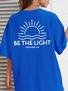Be The Light Graphic T-Shirt, 180 G/M² Cotton T-Shirt With Double-Sided Print, Round Neck, Casual And Fashionable Style For Women (1 Piece) - 藍色 - 查看 4
