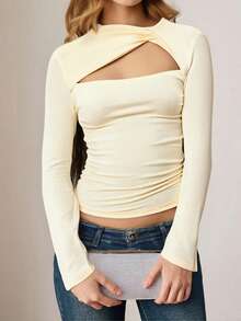 Women T-Shirt Long Sleeve Hollowed Solid Slim Fit Ladies Fall Tops Streetwear For Club Party