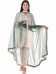Woman's Embellished Net Dupatta Scarf Shawl Wrap Soft Bridal Wedding - Green - View 1