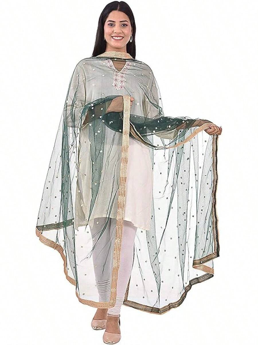 Woman's Embellished Net Dupatta Scarf Shawl Wrap Soft Bridal Wedding - Green - View 1