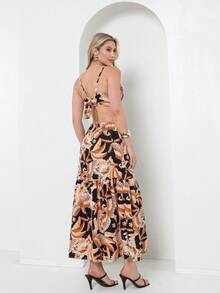 Vestido com elastano atras , da pra amarra atras com estampa - Castanho - Visão 6