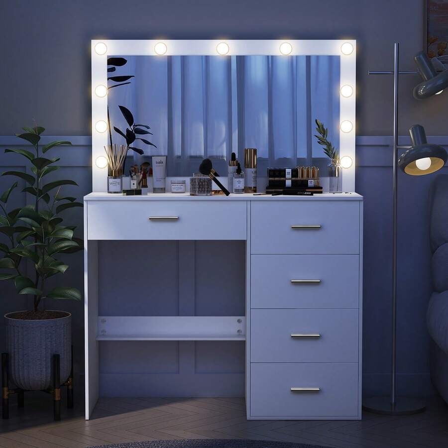 Makeup Vanity Table With Mirror,5 Drawers Storage Shelves,3 Color Modes,10 LED Lights Adjustable Brightness Mirror,Bedroom Furniture,For Women Gift