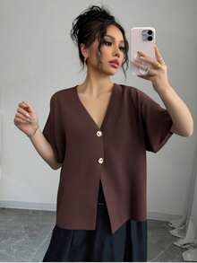 Áo len dệt kim tay ngắn cổ chữ V tối giản phong cách Âu Mỹ mùa hè mới về dành cho nữ, tốt nghiệp - Nâu 1 - Xem 4