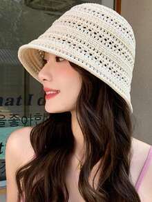 1 件春夏新款檐沙滩帽，女士可折叠遮阳帽，百搭休闲纯色帽子，适合春夏季 - 草帽 - 查看 10