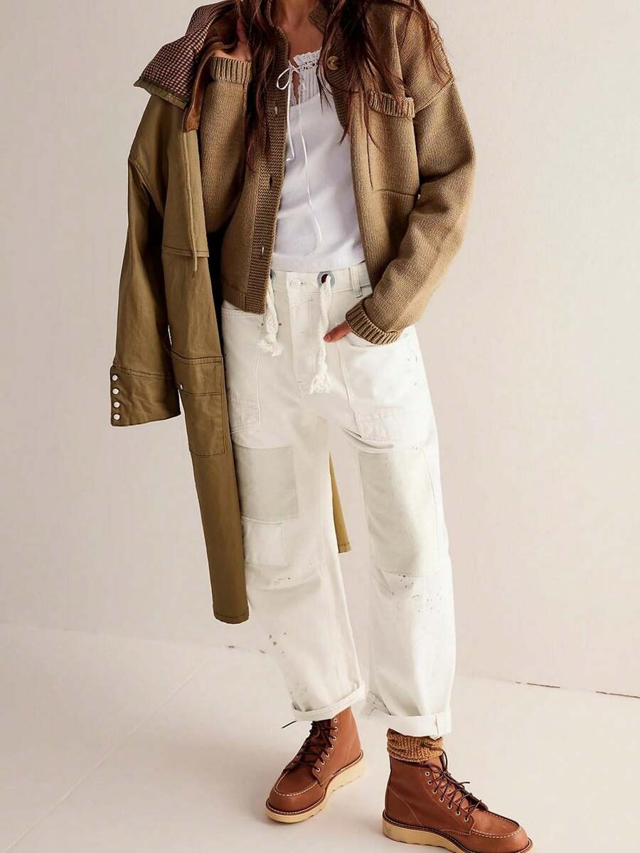 Womens Wide Leg Barrel Jeans Patchwork Baggy Denim Pants Low Rise Horseshoe Jeans With Pockets Casual Outdoor Pants - 白色 - 查看 1