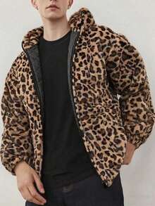 Men's Leopard Print Fleece Hooded Jacket - Soft Fleece Winter Jacket, Zipper Closure Design, Machine Washable Casual Outerwear, Suitable For Autumn And Winter, Leopard Print Jacket, Durable Zipper Closure. - Brown - View 1