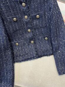 GMFP Women's Casual Elegant Fashion Loose Blue French Button Tweed Fringe Short Jacket, Suitable For Summer & Autumn Holiday Season - Blue - View 5