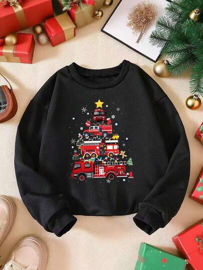 1 Piece Young Boy Christmas Casual Loose Christmas Red Car Print Round Neck Long Sleeve Hoodie, Suitable For Autumn And Winter Season Fashion Clothing, Suitable For Christmas Party Dress