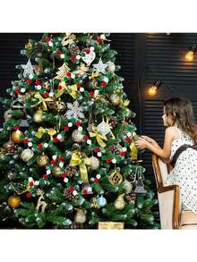 1/2 buc ghirlandă de Crăciun cu pom-pom, 78 inch, decorațiuni agățate, bile de pâslă DIY, ornament pentru banner cu mărgele pom-pom roșii, alb-verzi, potrivit pentru petrecere de Crăciun, brad de Crăciun, coroană, petrecere de ziua de naștere, șemineu interior, perete, decor pentru cameră de acasă, consumabile