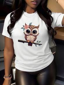 Adorable camiseta con estampado de búho para mujer, linda camiseta con gráfico de pájaro de dibujos animados para damas, top casual de moda con diseño de flores, material de mezcla de algodón suave y cómodo, ideal para uso diario, idea de regalo única y elegante - Blanco - Ver 2