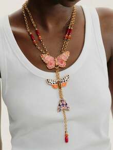 1pc Bohemian Exaggerated Alloy Drip Oil Colorful Insect Butterfly Pendant Y-Shaped Necklace For Women - Butterfly - View 7
