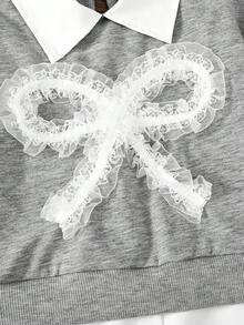 2pcs Back To School Girls' Spring/Autumn Lace Bow Collar Color Block Long Sleeve Top + Lace Bow Decor Pants Set, Fashionable Sporty Collegiate Style Outfit For Girls