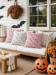 1 pieza/2 piezas Funda de almohada decorativa de Halloween con diseño bordado de calabaza y murciélago, de 18x18 pulgadas, 45cm x 45cm, suave y esponjosa para la temporada de miedo y la decoración otoñal acogedora, solo la funda, decoración de otoño, decoración de habitación