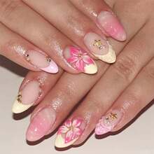 Cute Flower Press On Nails Medium Almond French Tip Fake Nails 3D Pink Gradient Flowers False Nails With Rhinestone Gold Beads Charms Design Acrylic Nails Golden Starfish Glue On Nails For Women 30Pcs,17114397 - 紫丁香色 - 查看 2