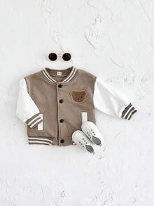 Newborn Baby Boys/Girls Thick Bear Embroidered Brown Baseball Jacket, Warm & Windproof For Autumn/Winter - Brown - View 6