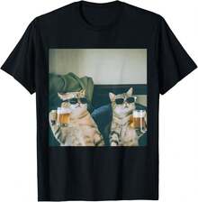 Vintage Funny Cat Drinking Beer Animal Cute Cats Lover Meme T-Shirt - 黑色 - 查看 1