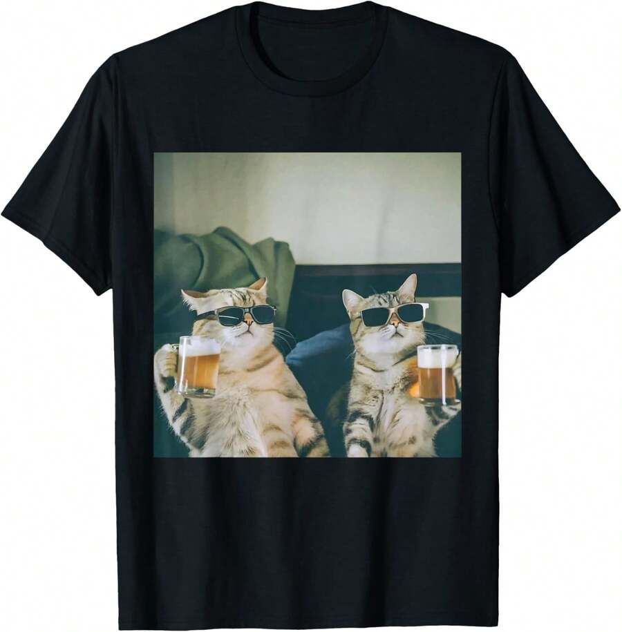 Vintage Funny Cat Drinking Beer Animal Cute Cats Lover Meme T-Shirt - 黑色 - 查看 1