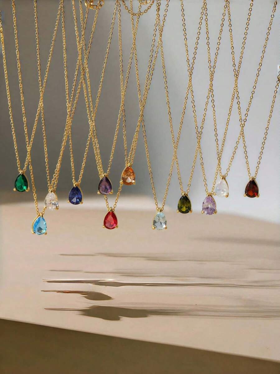 1pc Custom Birthstone Necklace, Zirconia Tear-Drop, Heart Square Gemstone Personalized Birthday Gift, Mom Gift, Best Friend Gift