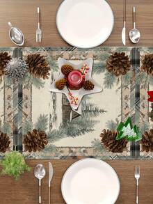 1 pieza/10 piezas Camino de mesa de cabaña navideña, decoración navideña para el hogar, decoración de invierno estacional, estilo moderno, material similar al lino, 33*91CM/33*183CM/33*274CM, 3 opciones de tamaño, decoración navideña para interiores y exteriores, suministros para fiestas con tema navideño, decoración de habitaciones. Adecuado para la decoración de la cocina del hogar y la decoración de fiestas navideñas