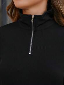 Maternity Casual Solid Color Zip-Up Collar Dress Black Spring - Black - View 4