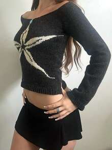 Women's Off Shoulder Knit Sweater Long Sleeve Knit Tops Vintage Knit Sweater Maple Print Knit Sweater Ribbed Knit Sweater Fall Winter Streetwear - Grå - Visa 2