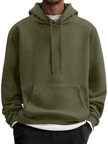 Men Cotton Fleece Hooded Sweatshirt Casual Long Sleeve Hoodies Pullover Fashion Drawstring Hoodie With Kanga Pocket - 軍綠色 - 查看 1