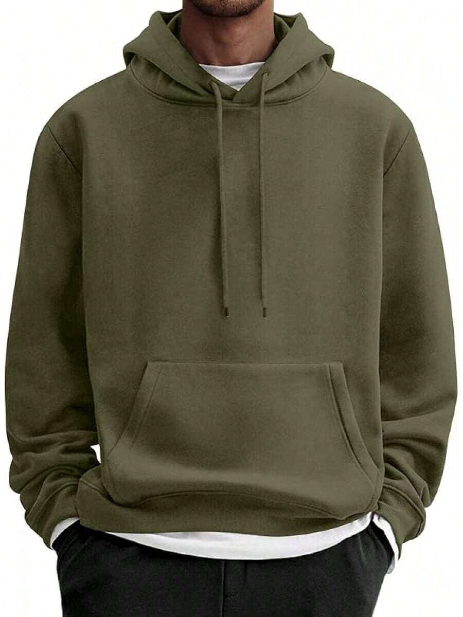Men Cotton Fleece Hooded Sweatshirt Casual Long Sleeve Hoodies Pullover Fashion Drawstring Hoodie With Kanga Pocket - 軍綠色 - 查看 1