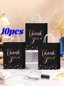 10pcs Thank-You Gift Bag, Rose Hot Stamping Dot Black Kraft Paper Bag, Packaging Gift Bag, High-End Handbag Gift Bag, Suitable For Thanksgiving, Giving Gifts To Friends, Shopping Bags, Clothing Gift Packaging Bags, Holiday Gifts