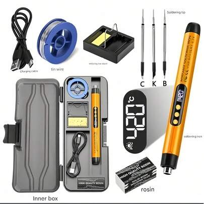 1 套可调温迷你烙铁套件，USB 充电便携式烙铁工具，适用于家电维修、珠宝制作、DIY 项目 - 包括烙铁、3/1 烙铁头、支架、松香、储物盒