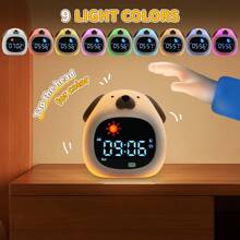 Ready To Rise 儿童睡眠训练器，儿童闹钟，多功能儿童训练器，幼儿睡眠训练闹钟，带日夜显示、小狗夜灯、舒缓音乐和“可以起床”闹铃，适合幼儿和儿童，帮助孩子保持睡眠，唤醒闹铃，助眠，双闹铃，贪睡功能，夜灯，7 种颜色可选，6 种自然音效，5 级音量控制，是万圣节和圣诞节送给孩子（男孩和女孩）的理想礼物。