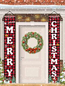2pcs/Set Christmas Decoration Door Couplets, Red Black Plaid Santa Claus Snowman Pattern Door Banners, Merry Christmas Party Decoration Background Cloth, Christmas Indoor/Outdoor Porch Wall Decoration Hanging Flags, Christmas Entrance Door Front Door Decoration, Christmas Courtyard Garden Decoration