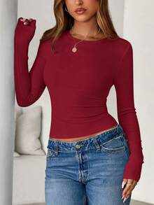 Women Spring And Fall Long Sleeve Shirts Ribbed Crewneck Fitted Basic Tee Going Out Tops Casual Workout Vacation Outfits - 紅色 - 查看 3