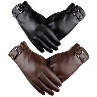 1 par de guantes de cuero de invierno de dedo completo para conducir motocicleta, cálidos y con pantalla táctil