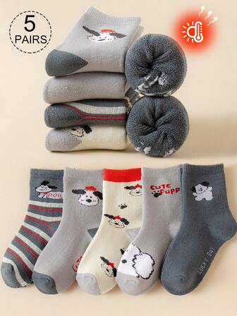 5 双儿童/幼儿男童中筒袜，纯色，条纹，卡通狗和字母图案，毛绒衬里，适合日常穿着、送礼，休闲，简约，温暖，适合学生，秋冬