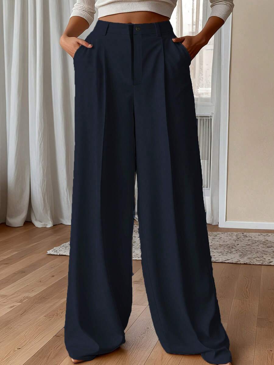Plus Size High Waist Solid Color Zipper Pocket Draping Straight Leg Casual Pants - Navy Blue - View 1