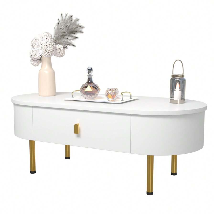 Couchtisch, Holz, Wohnzimmertisch mit zwei Schubladen, für modernes Wohnzimmer, goldene Griffe und Beine, gebogene Ecken, Gold