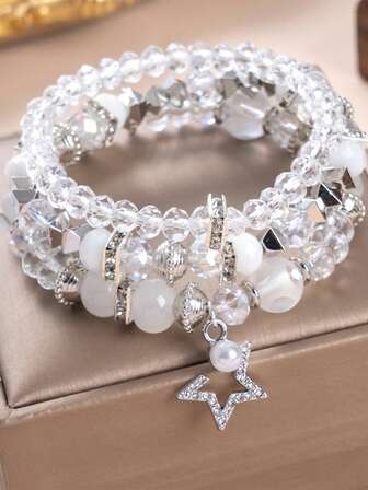 3pcs/Set Women's Bohemian Style Crystal Beaded Silver-Tone Alloy Chain Bracelets